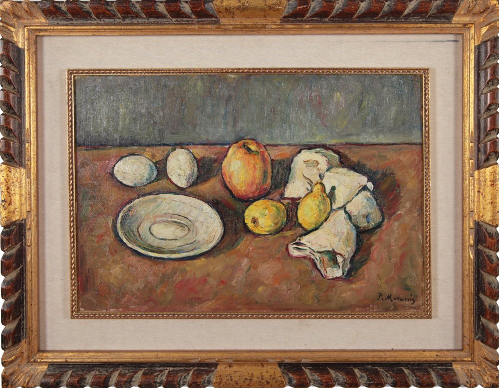 pietro marussig: Natura morta con frutta e uova 1930 ca